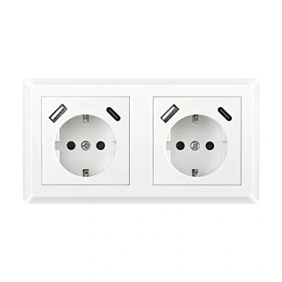 Afbeelding van Kaifire Schuko Dubbel Stopcontact met USB en C Frame Inbouwstopcontact Wit Inbouw Wandcontactdoos Oplader voor Smartphone, Tablet, MP3