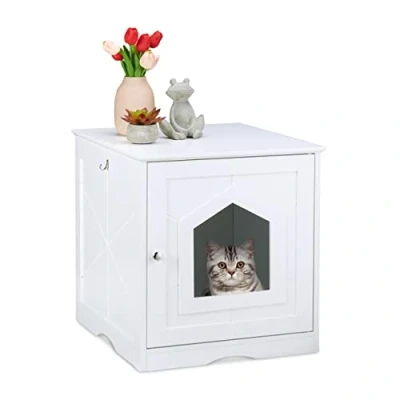 Afbeelding van Relaxdays kattenbak ombouw witte kattenkast kattenhuis voor binnen kattenmeubel