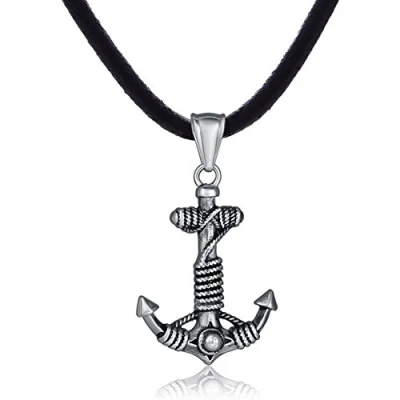 Afbeelding van DonDon heren leren ketting leer halsketting 50 cm met roestvrij stalen hanger anker maritiem