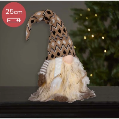 Afbeelding van Handgemaakt beige Gnoom vrouwtje met LED verlichting en zwart/witte muts versiering 25(45)cm