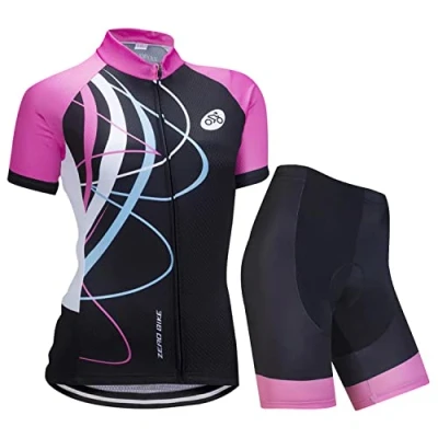 Afbeelding van Vrouwen Fietsen Ademend Sneldrogend Shirts Set, Jersey Cycle Korte Mouw Jas + 3D Kussen Nauw Gewatteerde Shorts Broek, M, Roze Galop