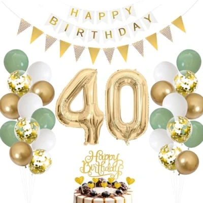 Afbeelding van Verjaardagsdecoratie saliegroen, ballon 40e verjaardag mannen vrouw, groen wit goud nummer 40 folieballon, taartdecoratie voor decoratie