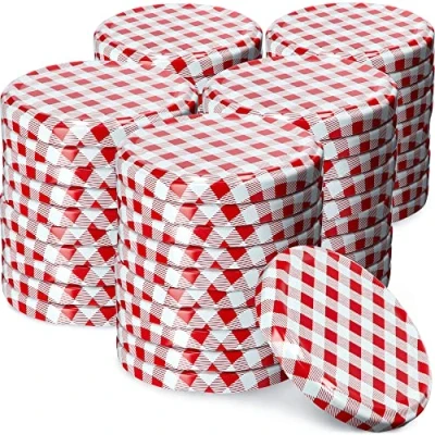 Afbeelding van KADAX Schroefdeksel met diameter van 82 mm, metalen twist off deksel, reservedeksel voor inmaakpotten en weckpotten, deksel 6 inkepingen (50 stuks, rood geruit)