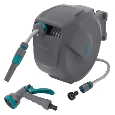Afbeelding van ECD Germany Tuinslanghaspel 15m+1,5m Muurgemonteerde Slanghouder met RollUp Functie Vergrendelingssysteem en 9 Sproeistanden 180 Zwenkbaar Automatische Waterslangbox voor Wandbevestiging