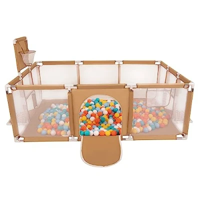 Afbeelding van Selonis Babybox, groot formaat, speelmat ,met 100 ballen, voor kinderen, beige, ballen: wit/geel/oranje/babyblauw/turkoois