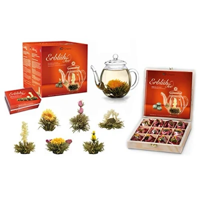 Afbeelding van Creano theebloemen Mix Cadeauset &quot;ErblühTee&quot; met glazen kan &amp; 6 + 12 in houten theekist soorten witte thee