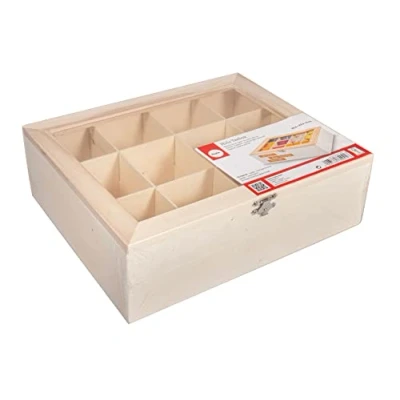 Afbeelding van Rayher 62972505 houten theedoos, 28,5 x 23,5 9 cm, 12 vakken, natuurlijk, met metalen sluiting, theekist, theezakjesbox, doos voor het bewaren van theezakjes, koffiepads, specerijen, enz.
