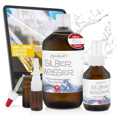 Afbeelding van Colloïdaal zilver 50ppm / 1000ml, zilverwater met e book en veel accessoires