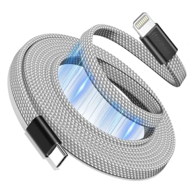 Afbeelding van Magtame Magnetische USB C naar Lightning kabel, coiled, 1 m, MFi gecertificeerde oplaadkabel, snel opladen, PD 3.0, platte intrekbare gevlochten, compatibel met iPhone 14, 13, 12, 11 Pro Max,