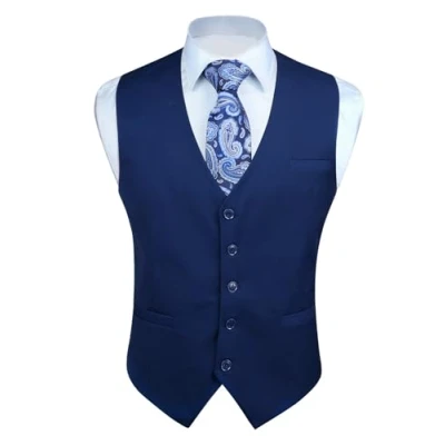 Afbeelding van Enlision Gilet voor heren, formele effen giletjes bruiloft, kleur smoking, smokingjas, zakelijk pak, vest met zakken XS 4XL, Marineblauw 1, XL
