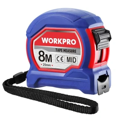 Afbeelding van WORKPRO meetlint 8 m, 25 mm bandmaat professioneel intrekbaar, metalen met koord, riemclip en vastzetter