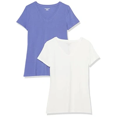 Afbeelding van Amazon Essentials Women&#039;s T shirt met korte mouwen en V hals in klassieke pasvorm, Pack of 2, Paarsblauw/Wit, M
