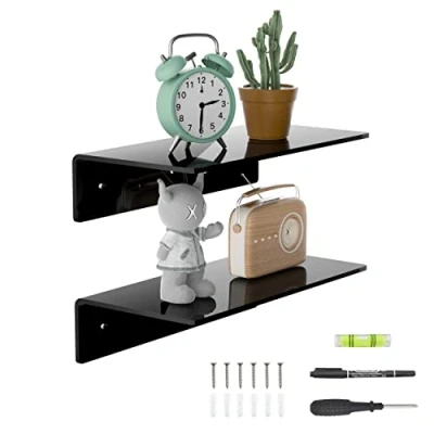 Afbeelding van Sezanrpt 30 cm kleine zwarte wandplanken, set van 2, acryl zwevend rek voor muur, wandgemonteerd displayrek slaapkamer, woonkamer, Funko Pop planken, smart luidsprekers