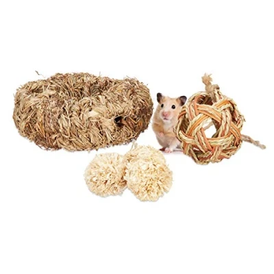 Afbeelding van Relaxdays knaagdier speelgoed, set van 5, hamster toebehoren, muis, gerbil, grastunnel &amp; 4 balletjes, stro/gras, natuur