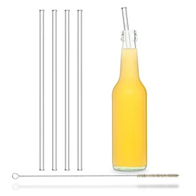 Afbeelding van Halm glazen rietjes, 4 stuks, recht, 27 cm lang + plasticvrije reinigingsborstel, vaatwasmachinebestendig, duurzaam, rietjes voor flessen, waterfles