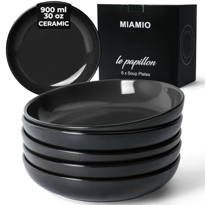 Afbeelding van MIAMIO 900 ml / 22 cm Set van 6 pastakommen/slakommen, pastaborden breed en ondiep, Groot keramisch aardewerk diep soepbord, geschikt voor magnetron vaatwasser Le Papillon collectie