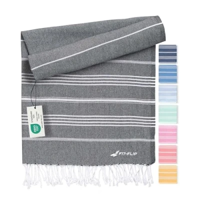 Afbeelding van Fit Flip Hamamdoek Strandhanddoek XXL van 100% gerecycled katoen sneldrogend strandlaken, fouta, pestemal Turkse handdoek ideaal als hamam saunahanddoek en sarong Antraciet 200x200cm Sultan