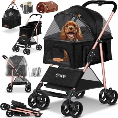 Afbeelding van LOVPET® Hondenwagen, 2 in 1 hondenbuggy, hondenbench, transporttas, opvouwbaar, tot 20 kg, huisdieren, buggy met gaasramen en regenhoes, jogger, kattenbuggy voor kleine honden katten, Zwart