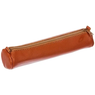 Afbeelding van Clairefontaine Ref 77018C Age Bag Small Leather Round Pencil Case 18,5 x 4cm, echt lamsvel leer, plantaardige gelooide kleurstof, metalen rits bruin
