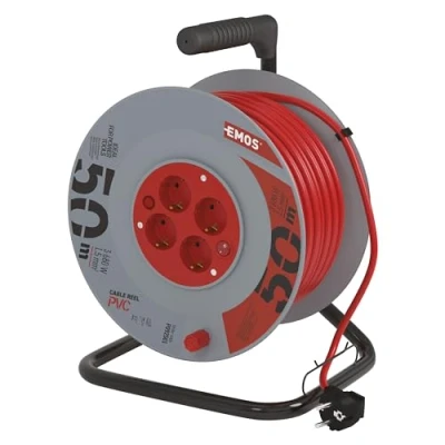 Afbeelding van EMOS Kabelhaspel 50m met schakelaar 4 geaarde stopcontacten 230 V, 16 A, 3680 W hoogwaardige PVC isolatie H05VV F3G 1,5 mm2 oververhittingsbeveiliging IP20 voor binnen