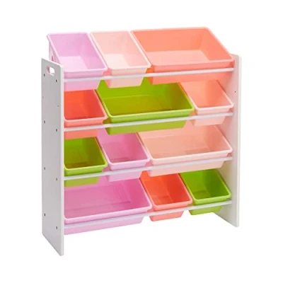 Afbeelding van Amazon Basics speelgoedorganizer met 12 plastic bakken wit hout roze bakken, 27,7 x 85,3 79 cm (D B H)