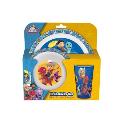 Afbeelding van p:os 35133 Dino Ranch ontbijtset, 3 delig servies met bord, kom en beker, kunststof kinderservies, vaatwasser/magnetronbestendig
