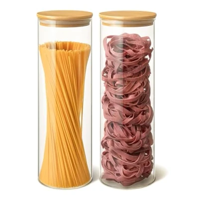 Afbeelding van Praknu Glazen Voorraadpotten Set van 2 Spaghetti Container 1900ml Luchtdichte Potten met Bamboe Deksel Bewaardoos