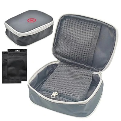 Afbeelding van EHBO set voor reizen, kleine mini, draagbaar, leeg nylon, drie zakken, apotheeketui het opladen van pillen, medicijnen, pleisters, 13 x 10 4 cm, grijs