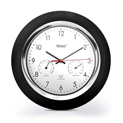 Afbeelding van MEBUS Funk Wanduhr mit Thermometer und Hygrometer/schwarzer Rahmen/weißes Zifferblatt / 24cm Durchmesser/Rund/Modell: 19453 Farbe: Schwarz, Weiß