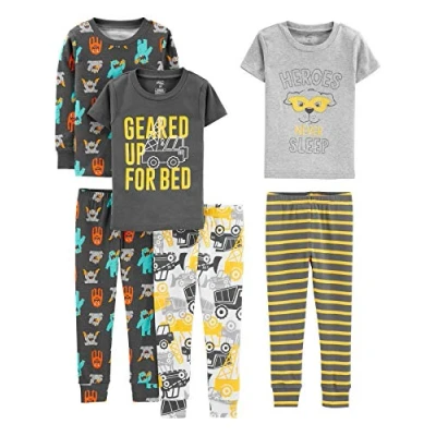 Afbeelding van Simple Joys by Carter&#039;s Baby jongens 6 delige snuig fit katoenen pyjama set, Donkergrijs monster/grijze helden/wit vrachtwagens/strepen, 2 jaar (3 pack),