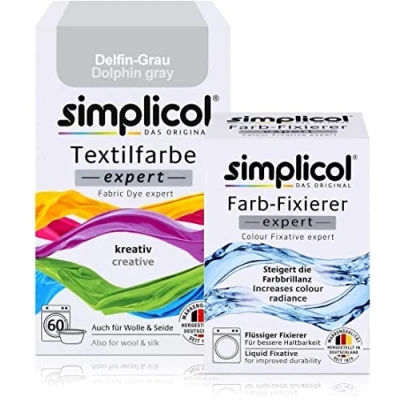 Afbeelding van simplicol textielverf expert dolfijngrijs + fixeermiddel: textiel, wol, zijde grijs verven, set 1x150g en 1x90ml