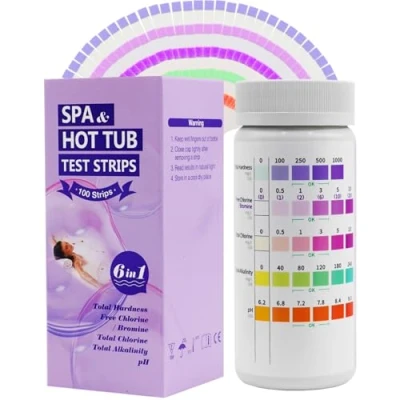 Afbeelding van 6 in 1 waterteststrips voor hot tub, spa en whirlpool, 100 stuks teststrips het zwembad, totale hardheid, vrij chloor, broom, totaal alkaliteit pH waarde