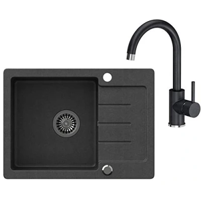 Afbeelding van VBChome spoelbak zwart met armatuur 60 x 44 cm graniet enkele verzonken omkeerbare composietspoelbak + sifon spoelbakarmatuur waterkraan eenhendel