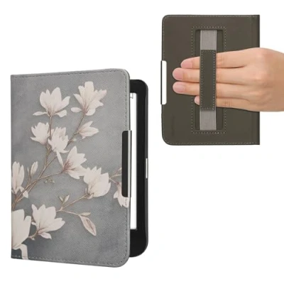 Afbeelding van kwmobile E reader hoesje geschikt voor Kobo Clara BW / Colour hoes flip case met magneetsluiting Ereader cover Magnolia design in taupe wit blauwgrijs
