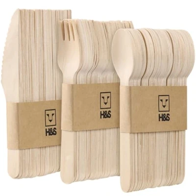 Afbeelding van H&amp;S 150 stuks houten bestekset, wegwerp biologisch afbreekbaar hout, milieuvriendelijk voor picknickfeest 50 vorken, messen, lepels