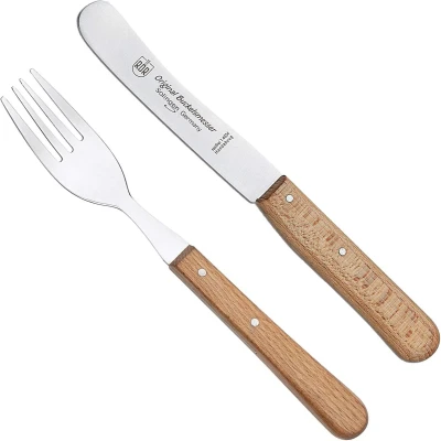 Afbeelding van RÖR Solingen Ontbijtmes Buckels Lemmet 11.5 cm set met Vork Beukenhout 2 delig