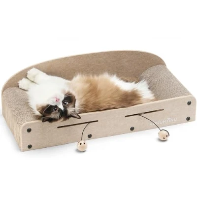 Afbeelding van FUKUMARU 26 inch kattenkrabber loungebed, extra groot ligbed, duurzaam kartonnen kattenkrabbed, 2 omkeerbare kattenkrabpads voor binnenkatten, kattenbal, speelgoed, beige