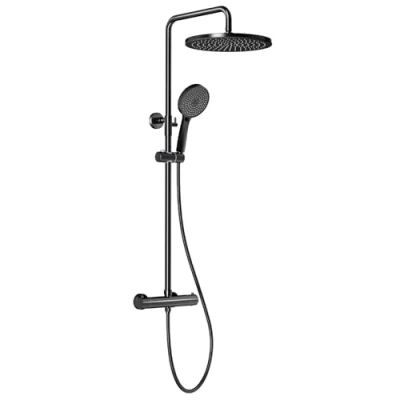 Afbeelding van Rainsworth Thermostatische Douche Mixer Set Mat Zwart, 25cm Ronde Overhead Regendouche, 3 Jet Types Handdouche, In Hoogte Verstelbare Doucheset, Douchesysteem