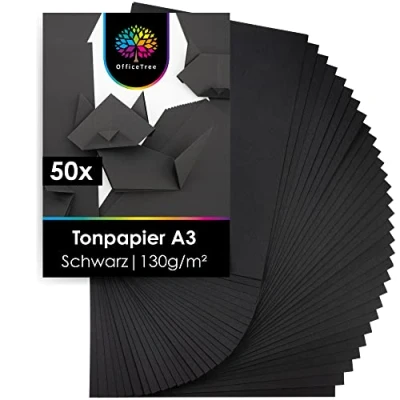 Afbeelding van OfficeTree 50 x gekleurd papier zwart A3, 130 g, knutselpapier tekenpapier A3 voor knutselen, schilderen en afdrukken