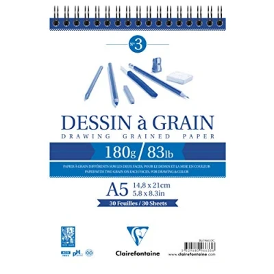 Afbeelding van Clairefontaine Ref 96633C Witkorrelige tekening Wirebound Paper Pad (30 vellen) A5 formaat, 180 g/m² papier, wit &amp; korrelig tekenpapier, zuurvrij, pH neutraal
