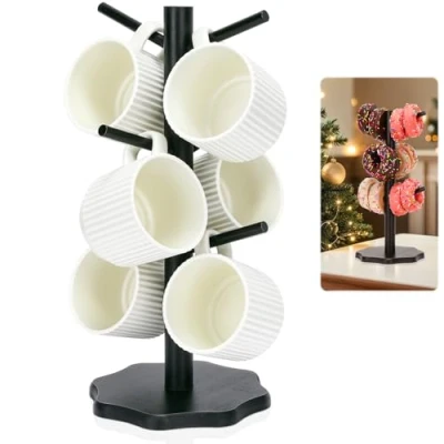Afbeelding van Euqvunn Koffiebekerrek, Mokjesstandaard met 6 haken, Boom Koffie Mok Rack Cup Houders voor Teller，Mok Boom, Koffiebekerhouder de Toonbank(Zwart)
