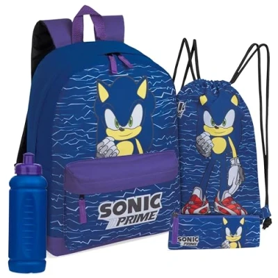 Afbeelding van Sonic The Hedgehog Schooltassenset, 4 delige Set met rugzak, tas trekkoord, etui en waterfles jongenscadeaus, Donkerblauw, One Size, Schooltas