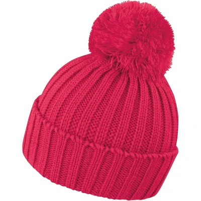 Afbeelding van Grof gebreide winter muts roze/rood voor volwassenen Warme framboosrood met pompon