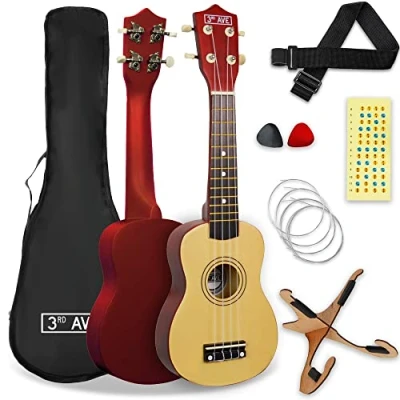 Afbeelding van 3rd Avenue sopraan ukulele 21 inch, beginnerspakket Tas, statief, ukeleleband, snaren, plectrums en fretstickers naturel