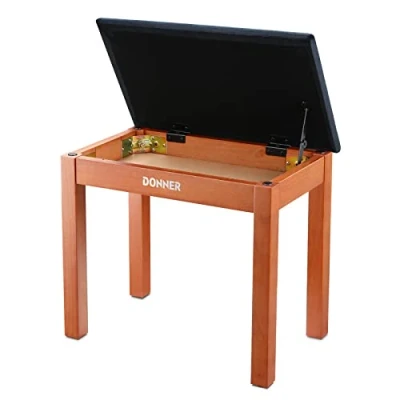 Afbeelding van Donner Pianobank met opbergruimte, massief houten keyboardbank, pianoboekenkast, kruk, stoel, zitting zeer dicht suède kussen, houtfinish kleur