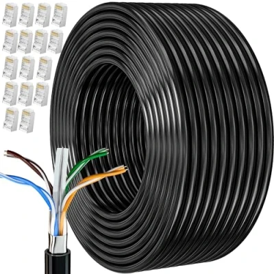Afbeelding van Internet Kabel 80 Meter Cat 6 Afgeschermd Buiten Bulk Ethernetkabel Extra Lange Netwerkkabel Installeren Waterdicht Weerbestendig Hoge Snelheid FTP 23AWG Gigabit Netwerklijn Internetdraadkabel Zwart
