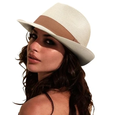 Afbeelding van DRESHOW Vrouwen Stro Panama Hoed Fedora Strand Zonnehoed Korte Rand Oprollen UPF 50 +
