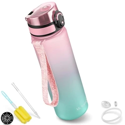 Afbeelding van My Vesperbox Minny Kinderdrinkfles lekvrij Met rietje of zeef 500ml Lichte tritan waterfles BPA vrij Voor kleuterschool, school (roze turquoise 500ml)