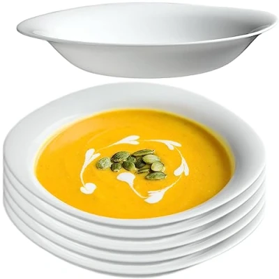 Afbeelding van KADAX Soepbord soepkom van gehard glas vaatwasmachinebestendig pastabord witte slakom diepe borden voor soepen pasta salade (wit 23 cm/6 stuks )