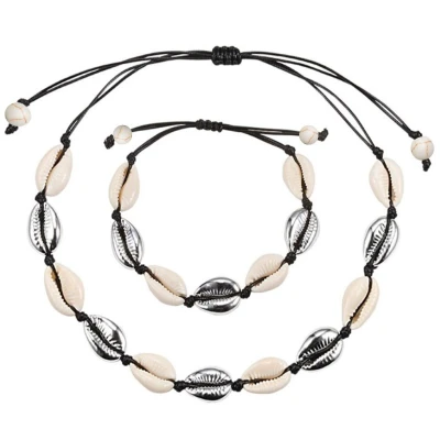 Afbeelding van Fako Bijoux® Schelpjes Ketting &amp; Armband Choker Schelpen Set Zilver/Zwart